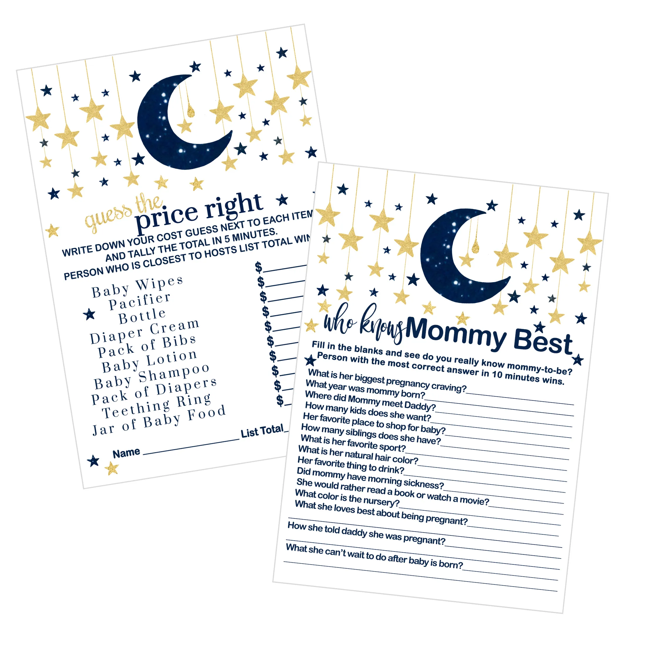 Navy & Gold Twinkle Little Star Baby Shower Game Set, Over or Under and Guess the Price Right