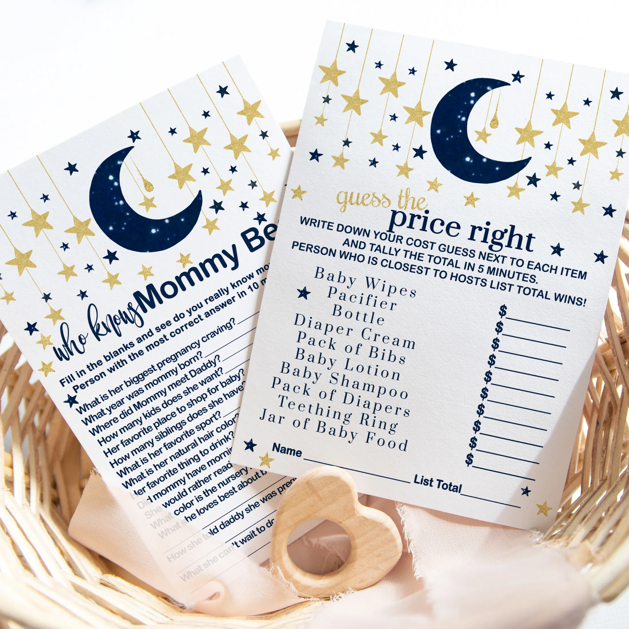 Navy & Gold Twinkle Little Star Baby Shower Game Set, Over or Under and Guess the Price Right