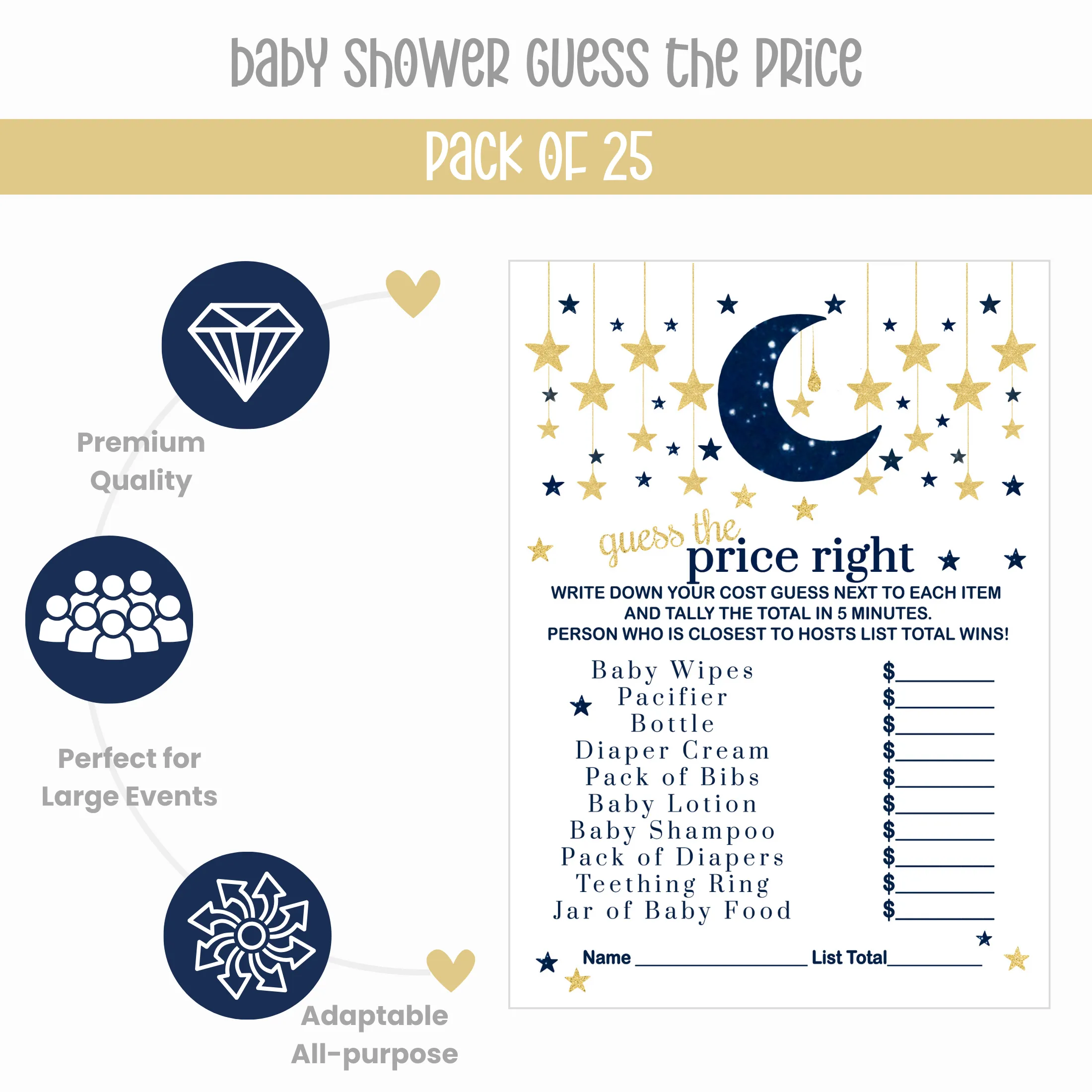 Navy & Gold Twinkle Little Star Baby Shower Game Set, Over or Under and Guess the Price Right