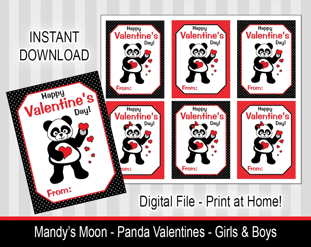 Panda Valentine Cards - Digital Print at Home Valentines cards, Instant Download