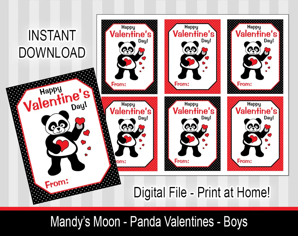 Panda Valentine Cards - Digital Print at Home Valentines cards, Instant Download