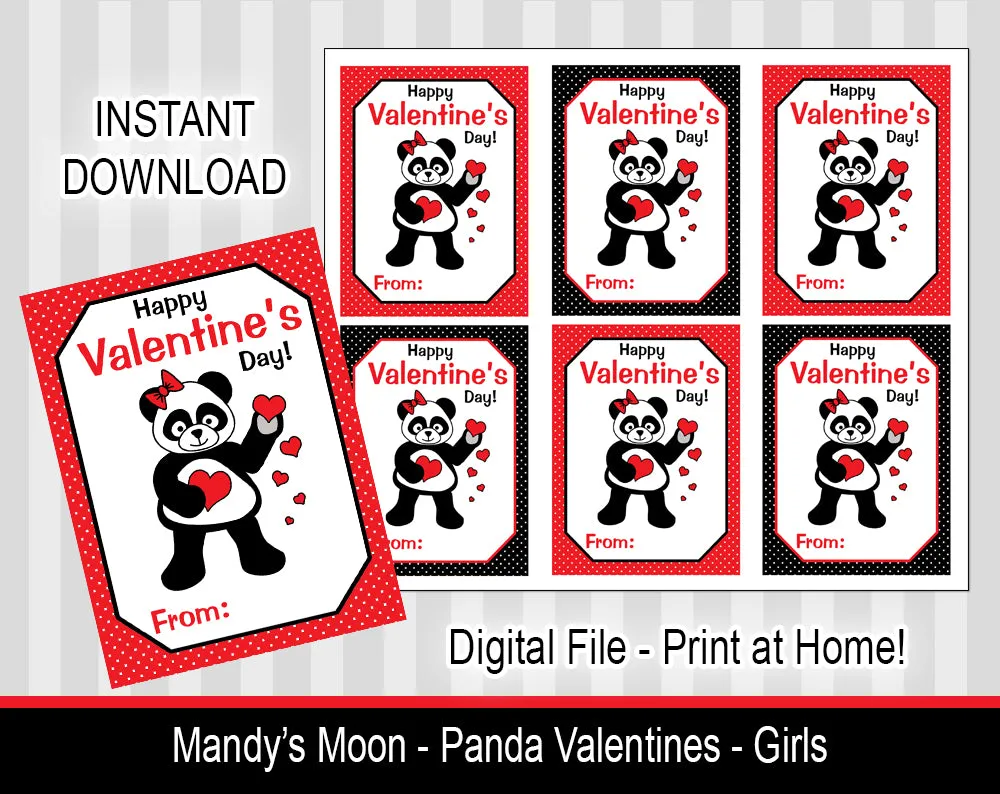 Panda Valentine Cards - Digital Print at Home Valentines cards, Instant Download