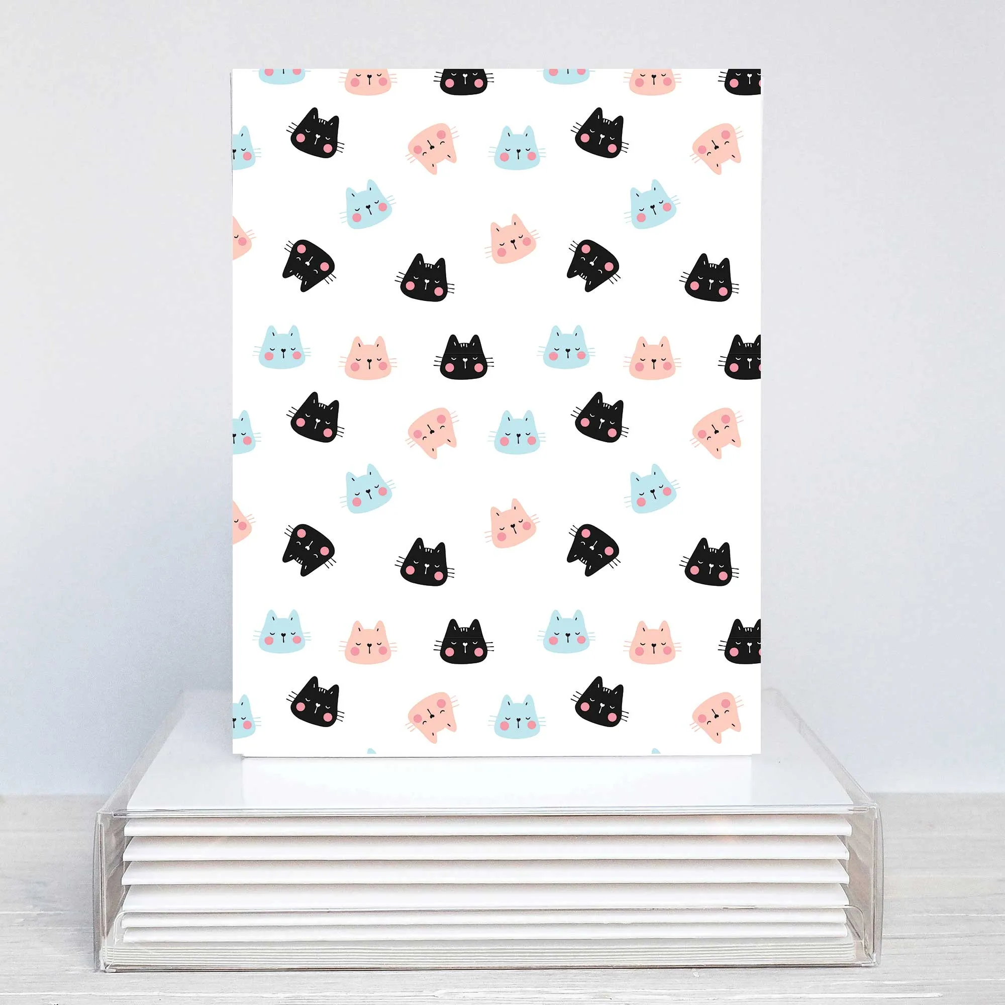 Pink and Blue Doodle Cats Blank Note Card Set