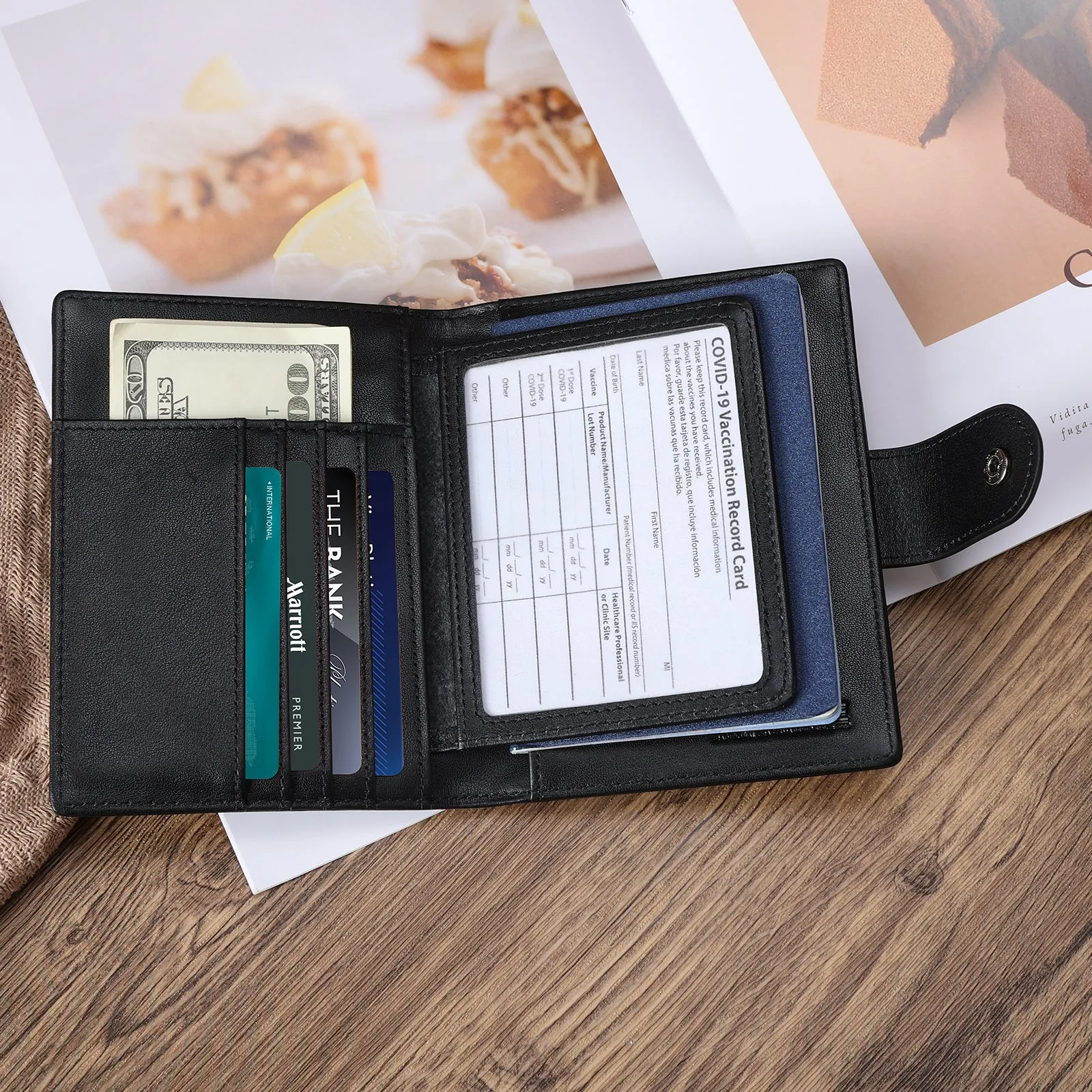 Polare Full Grain Leather Snap Passport and Vaccine Card Holder Combo RFID Blocking Travel Wallet Cover