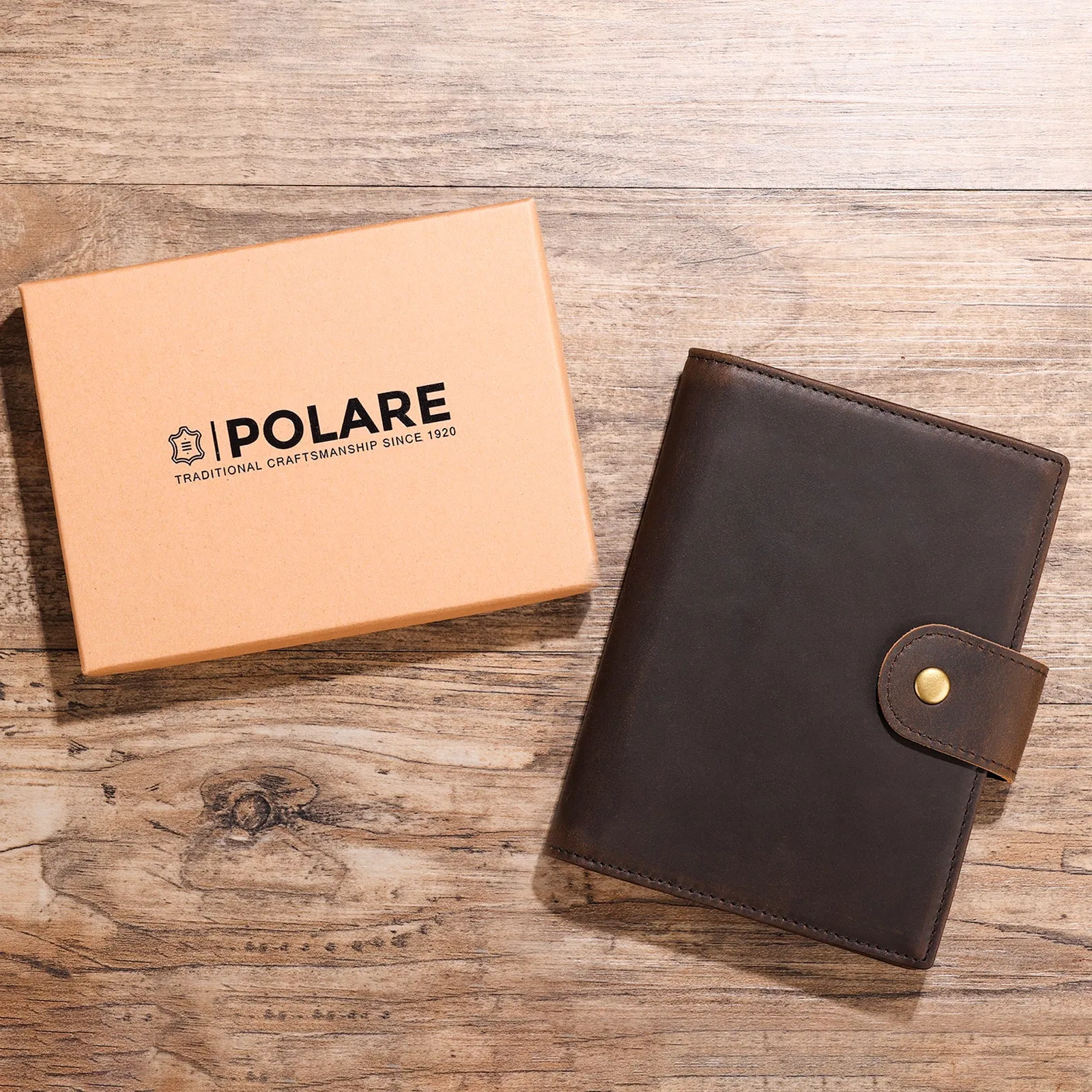 Polare Full Grain Leather Snap Passport and Vaccine Card Holder Combo RFID Blocking Travel Wallet Cover