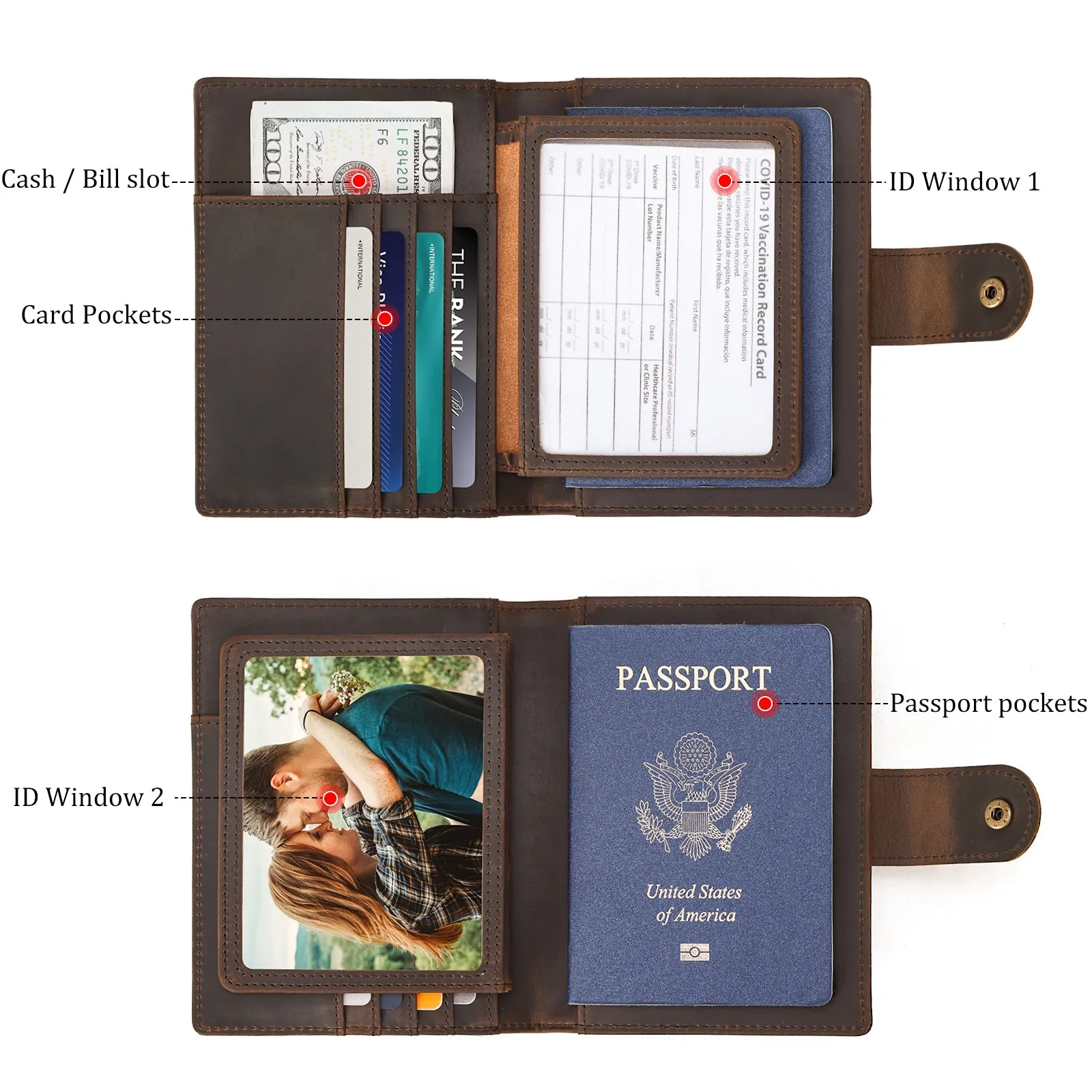 Polare Full Grain Leather Snap Passport and Vaccine Card Holder Combo RFID Blocking Travel Wallet Cover