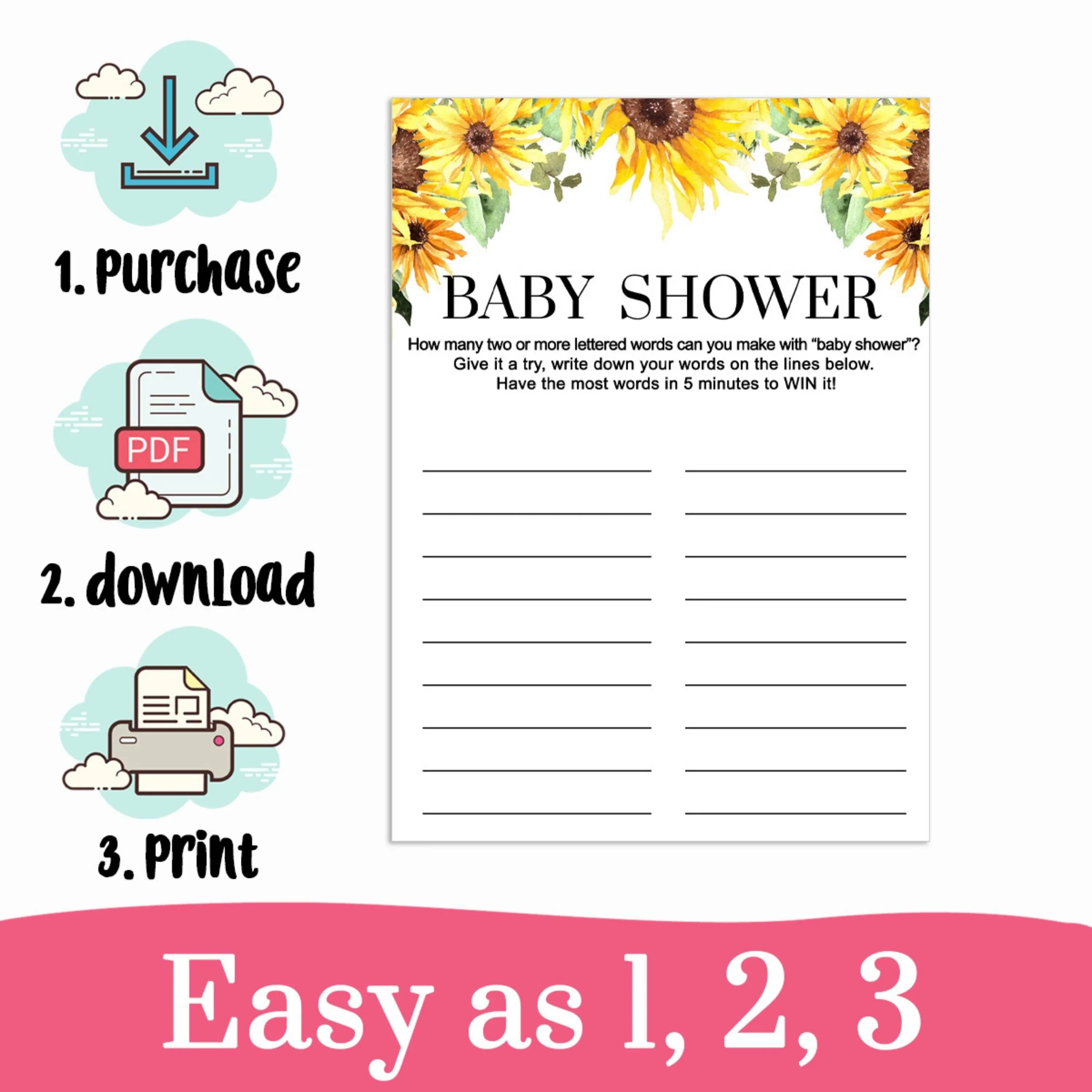 Printable Sunflower Baby Shower Game - Fun & Engaging Word Creation Challenge, Easy-to-Print PDF