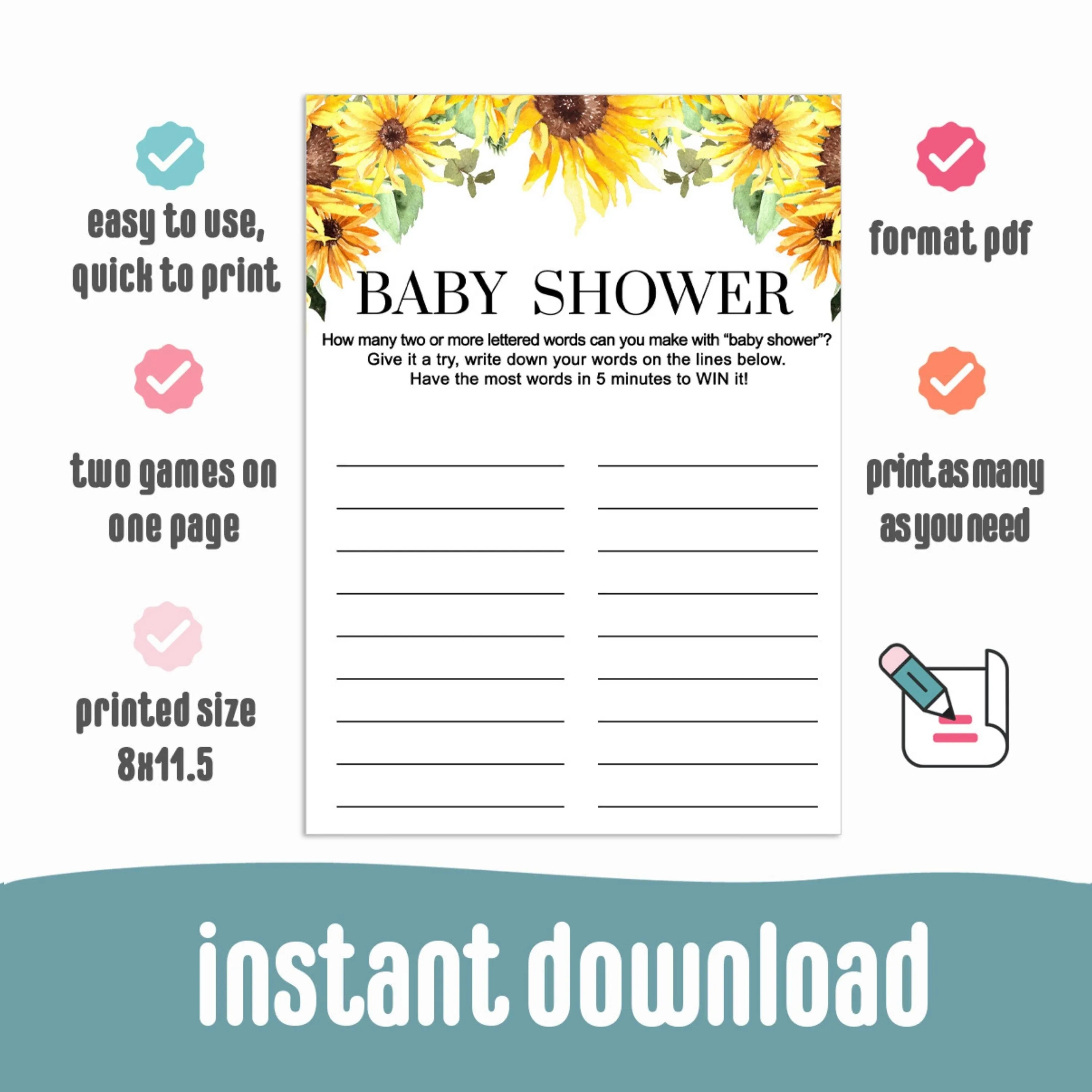 Printable Sunflower Baby Shower Game - Fun & Engaging Word Creation Challenge, Easy-to-Print PDF