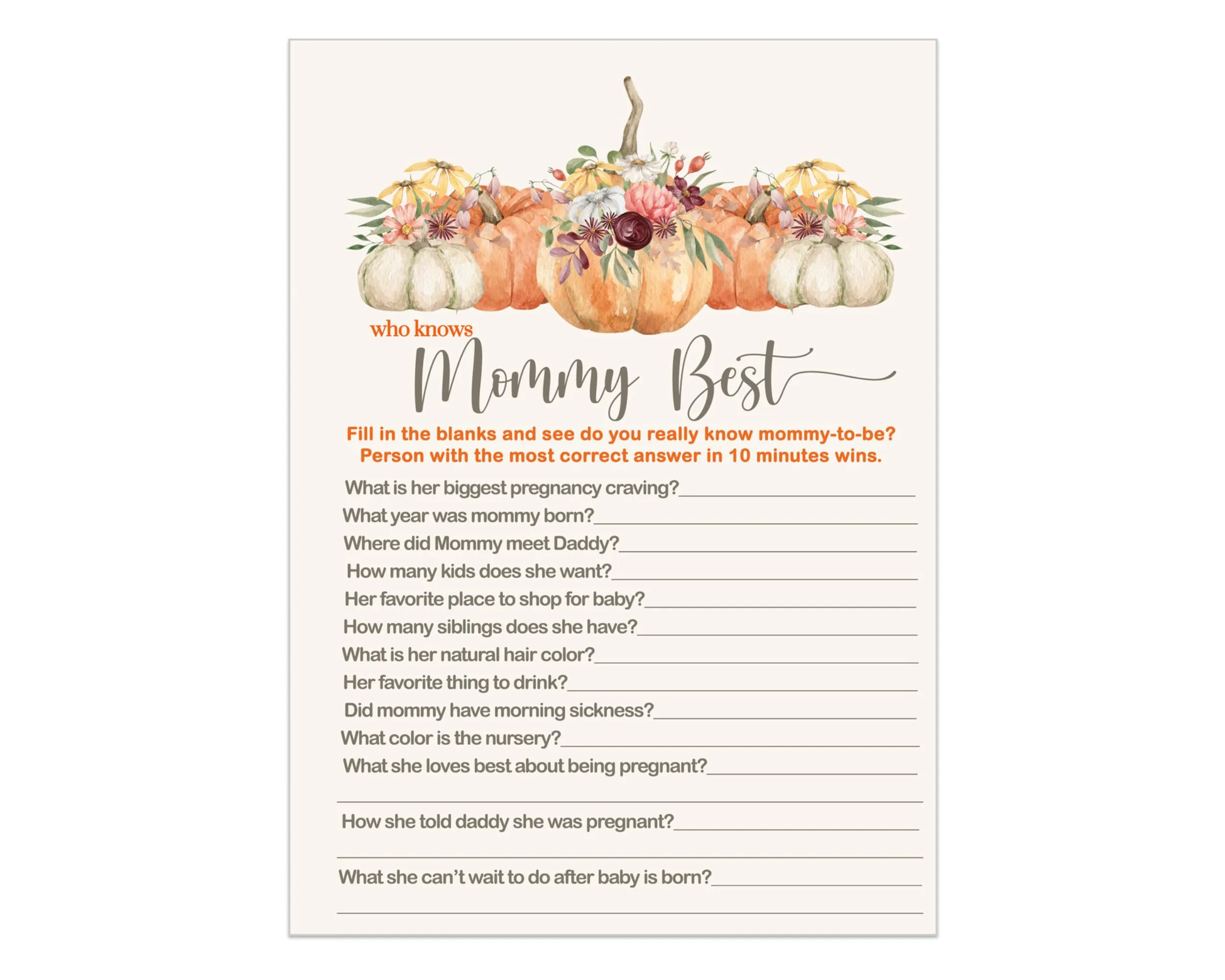 Pumpkin Baby Shower Games Mommy Best Fall Gender Reveal Party Activities Boy or Girl - Rustic 5x7 Cards, 25 Guest Pack