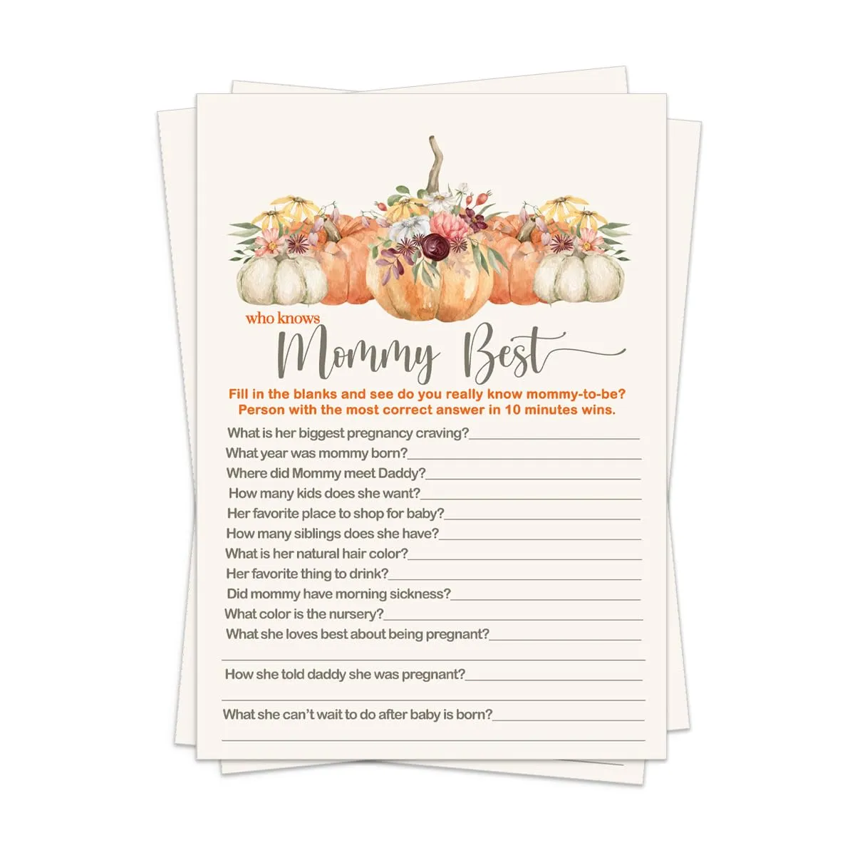 Pumpkin Baby Shower Games Mommy Best Fall Gender Reveal Party Activities Boy or Girl - Rustic 5x7 Cards, 25 Guest Pack