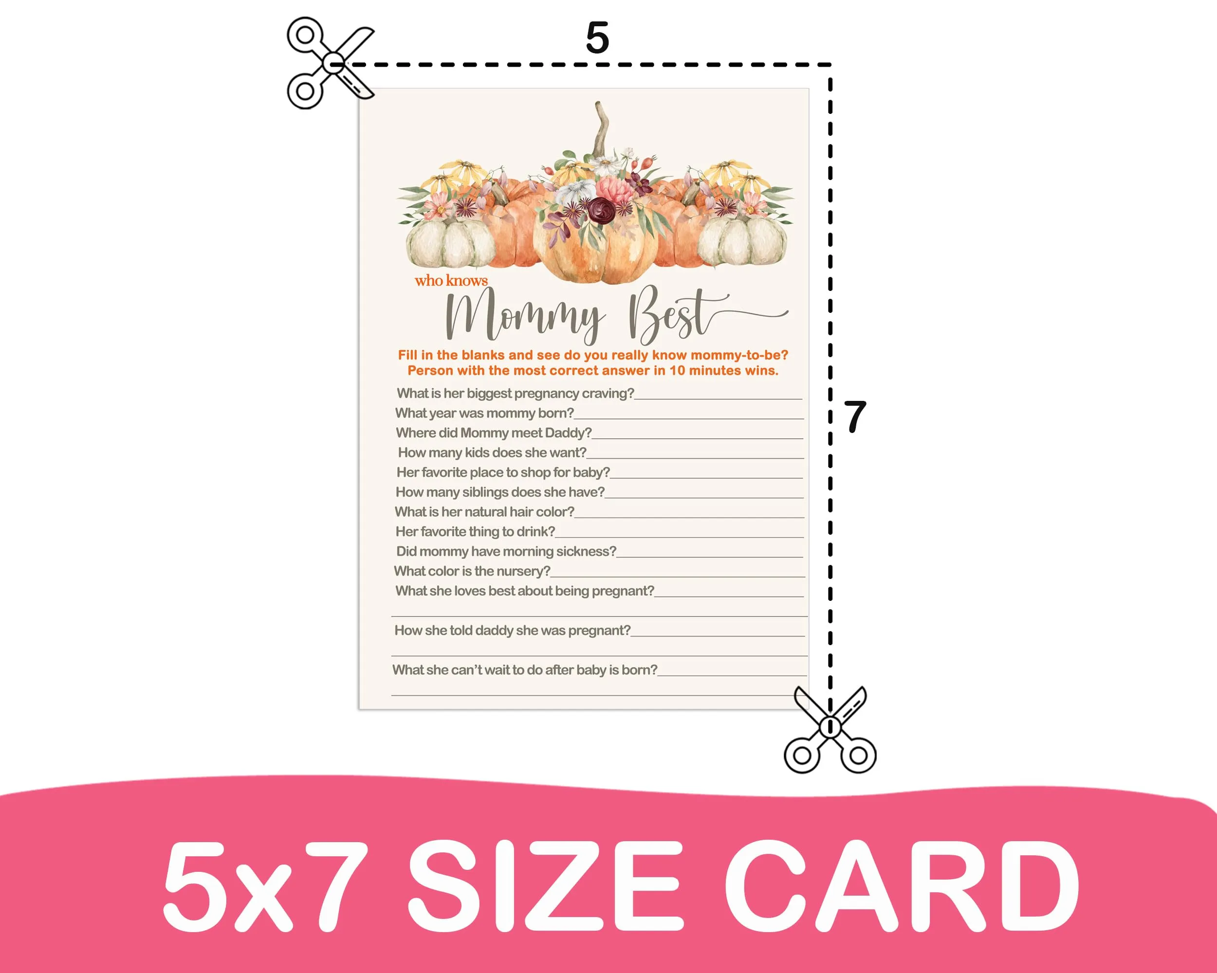 Pumpkin Baby Shower Games Mommy Best Fall Gender Reveal Party Activities Boy or Girl - Rustic 5x7 Cards, 25 Guest Pack