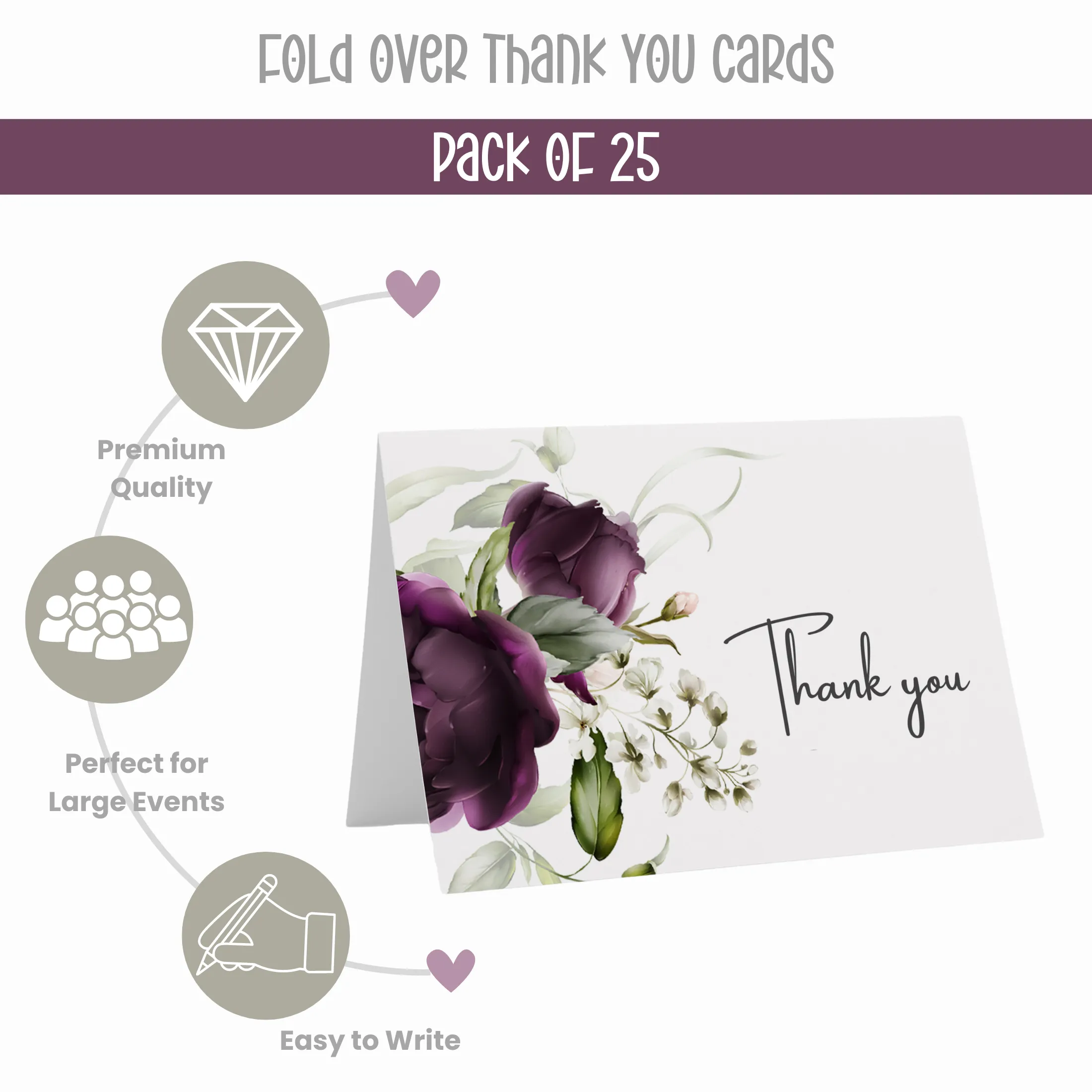 Purple Passion Thank You Cards - 25 Blank Notecards Set with Envelopes for Every Occasion