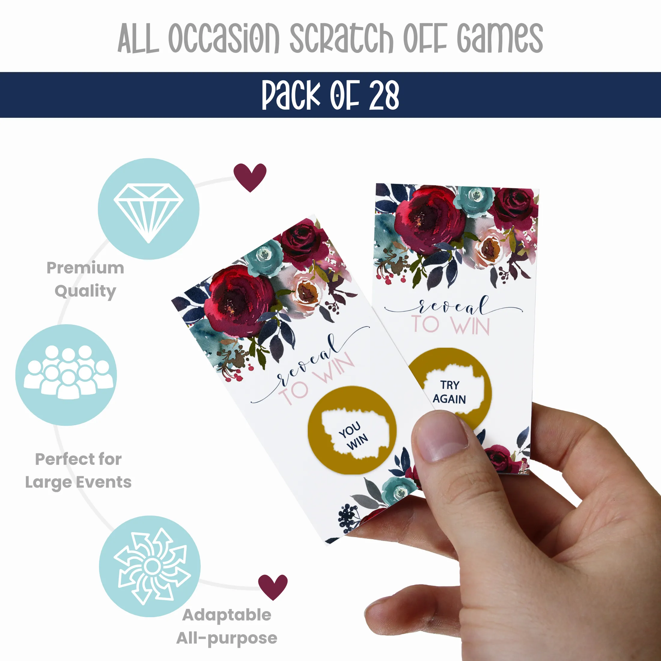 Rustic Navy Floral Scratch-Off Cards (28 Pack) - Bridal Shower Games, Baby Shower, Wedding Reception Favors