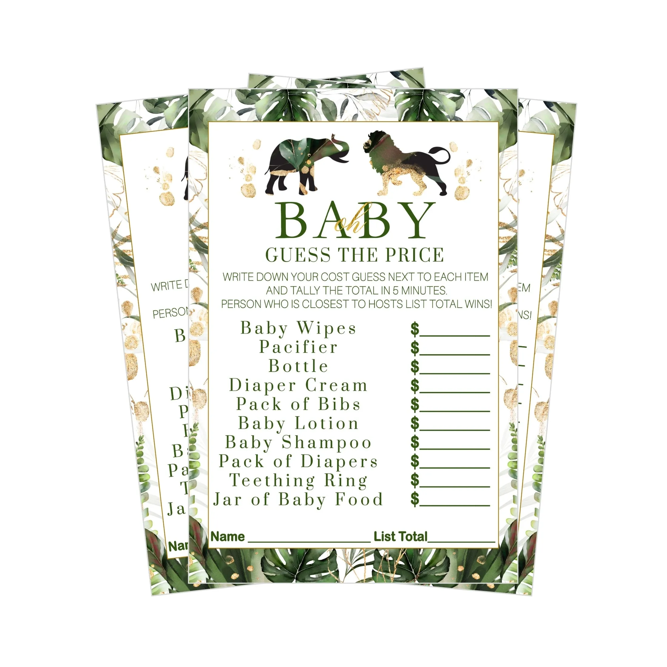 Safari-Themed Guess the Price Baby Shower Game - Tropical Jungle Design, 25 Cards, Greenery & Gold, 5x7 Inches