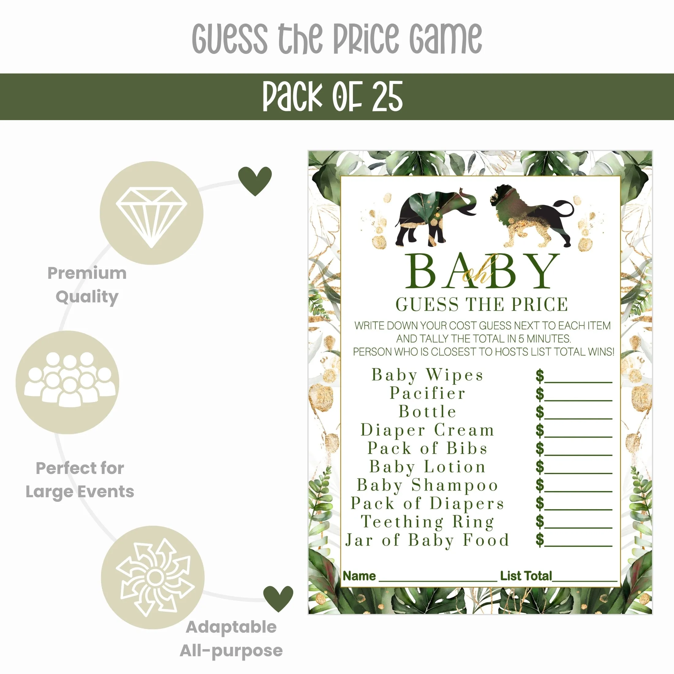 Safari-Themed Guess the Price Baby Shower Game - Tropical Jungle Design, 25 Cards, Greenery & Gold, 5x7 Inches