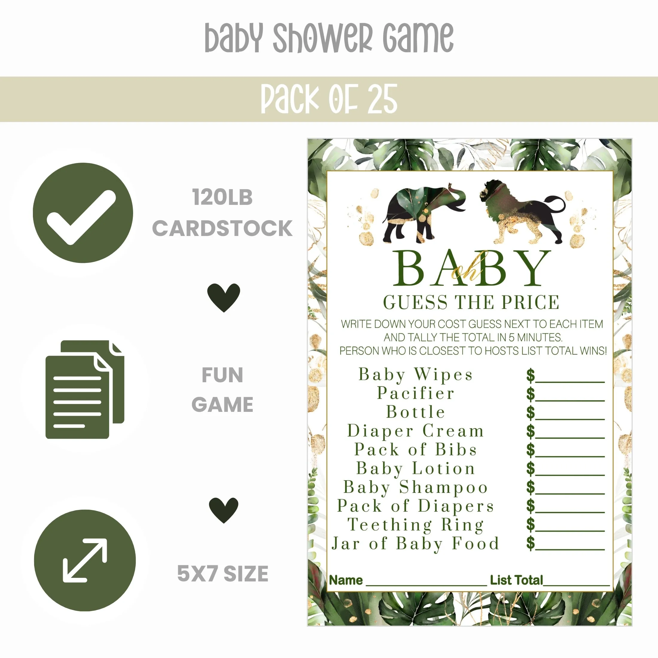 Safari-Themed Guess the Price Baby Shower Game - Tropical Jungle Design, 25 Cards, Greenery & Gold, 5x7 Inches