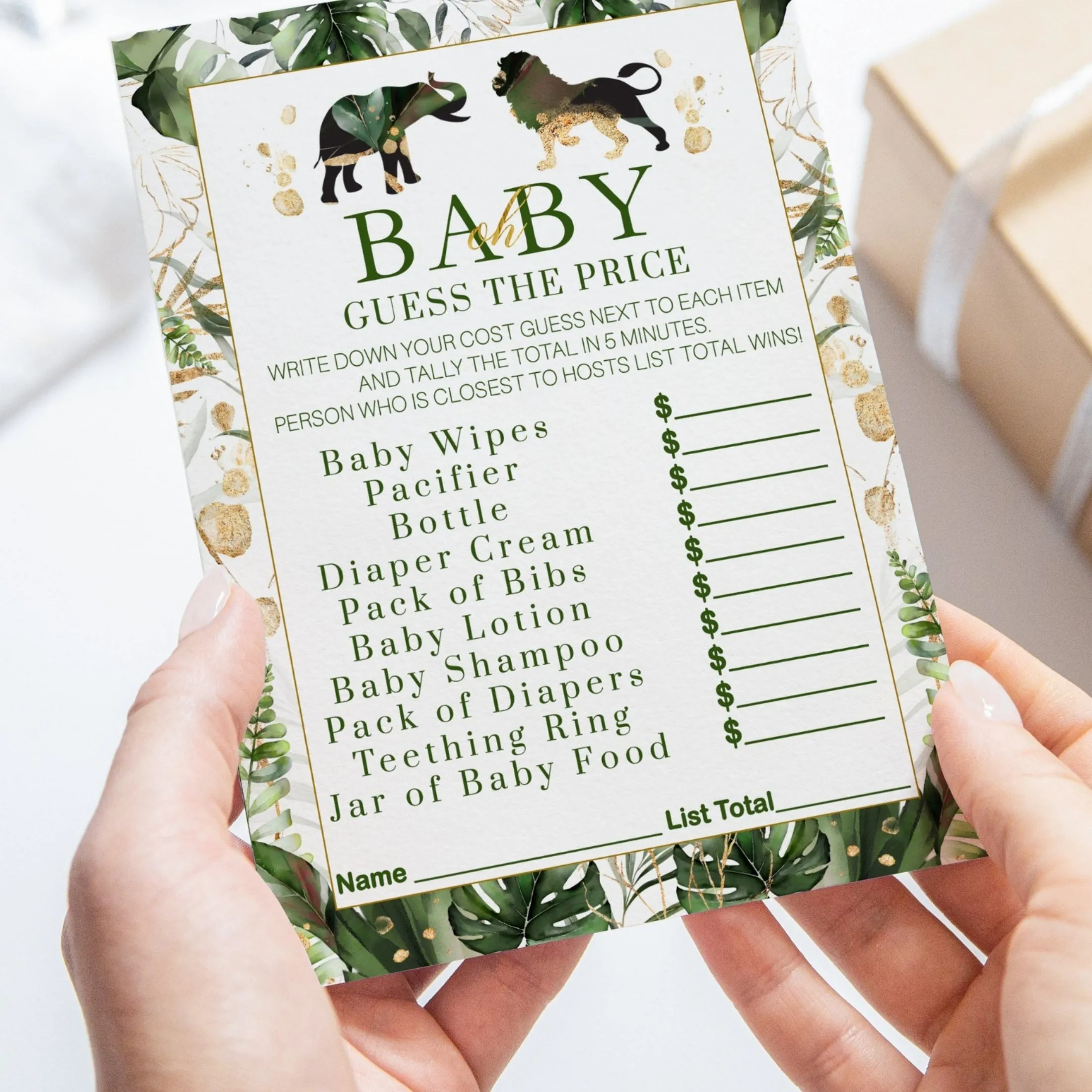 Safari-Themed Guess the Price Baby Shower Game - Tropical Jungle Design, 25 Cards, Greenery & Gold, 5x7 Inches