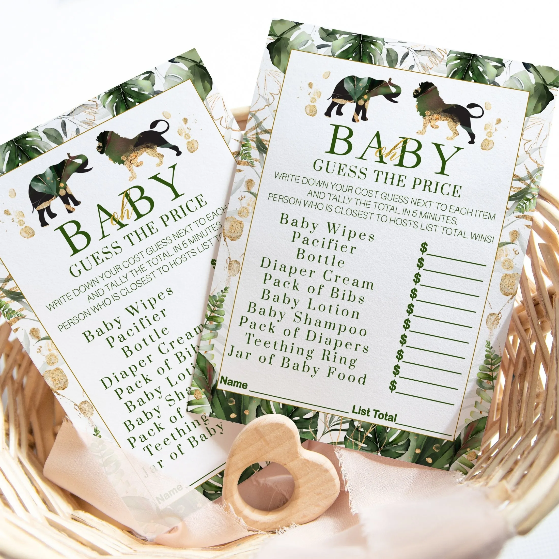 Safari-Themed Guess the Price Baby Shower Game - Tropical Jungle Design, 25 Cards, Greenery & Gold, 5x7 Inches