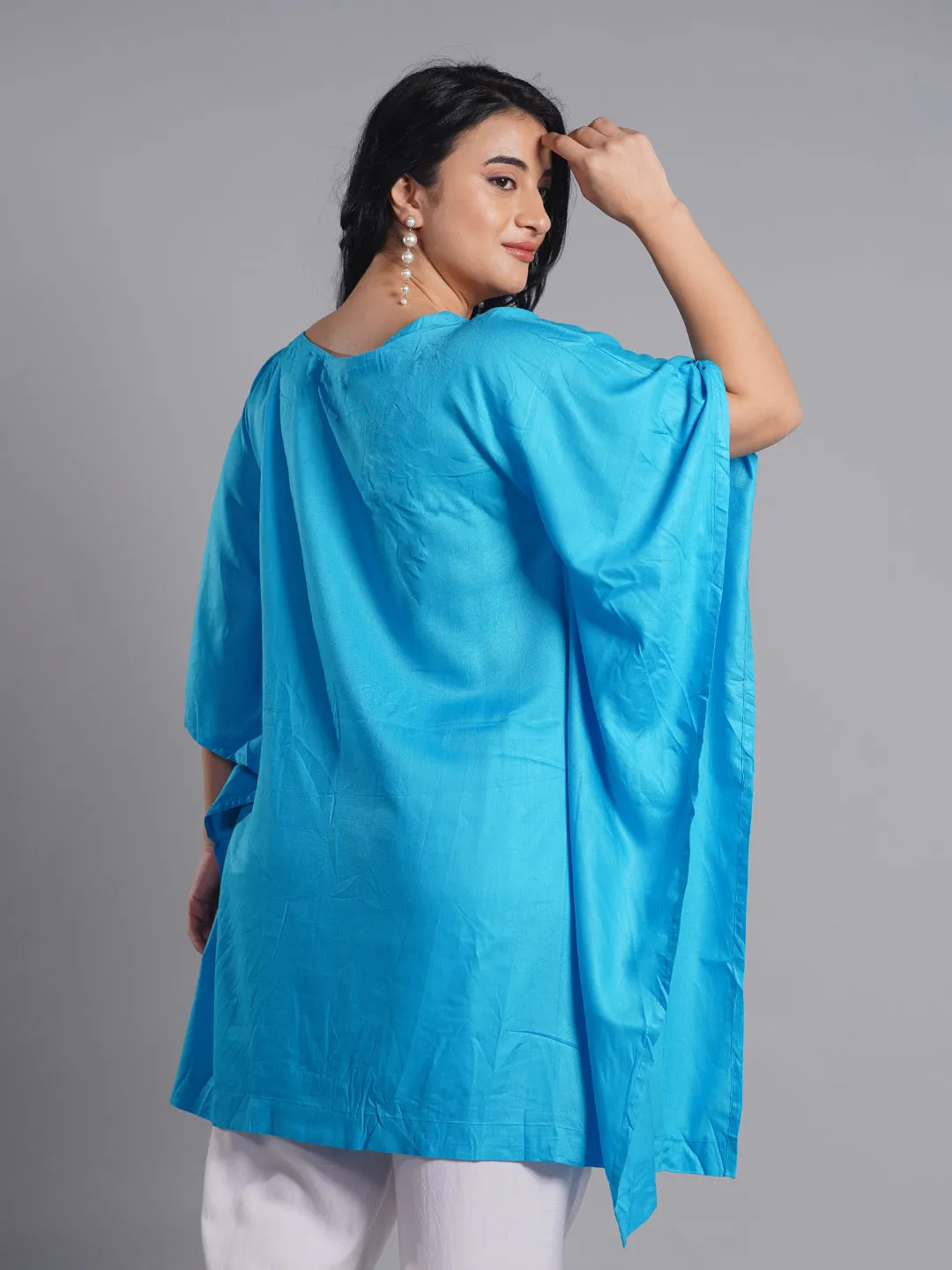 Turquoise Rayon Kaftan - White Petals