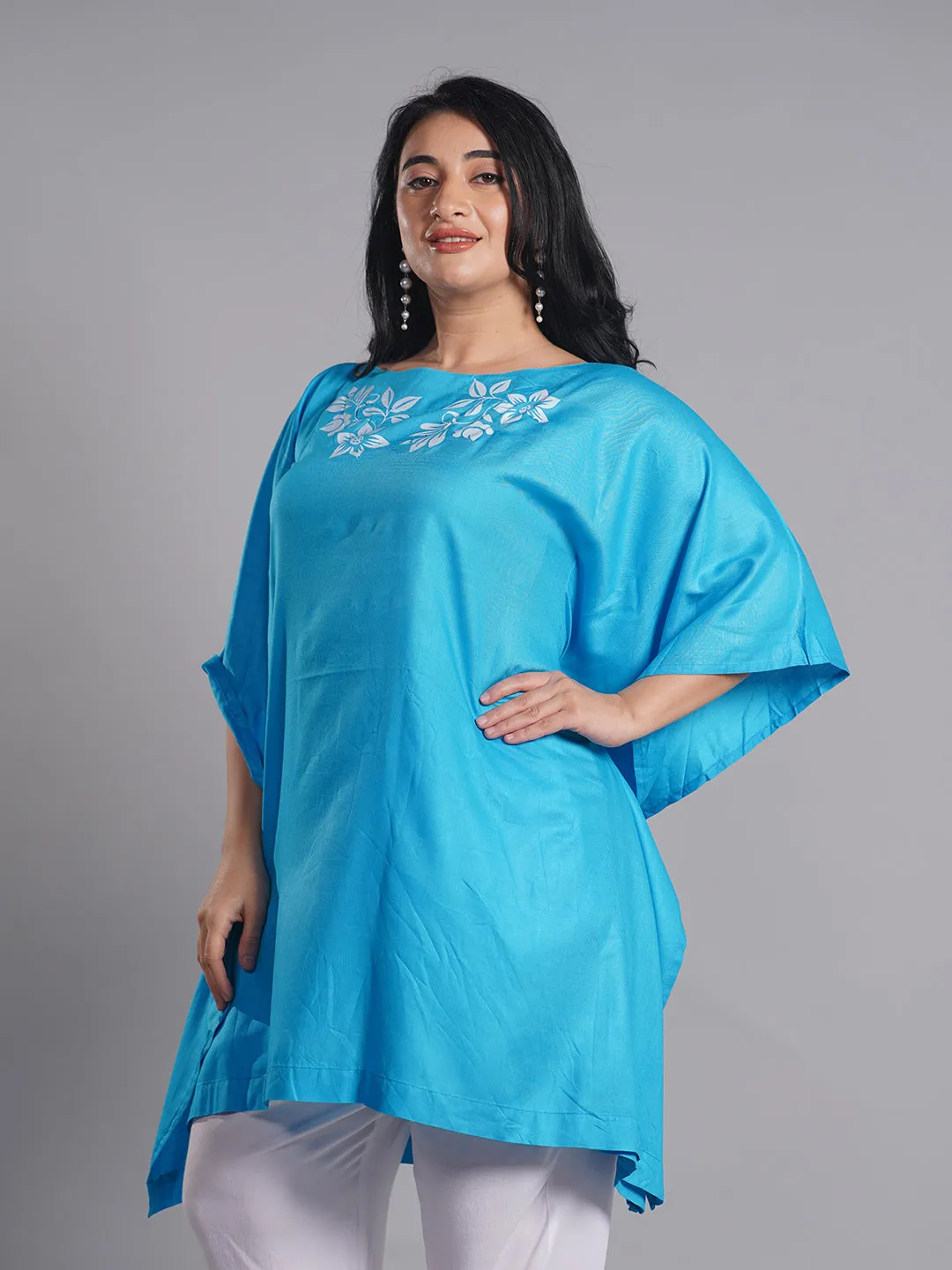 Turquoise Rayon Kaftan - White Petals