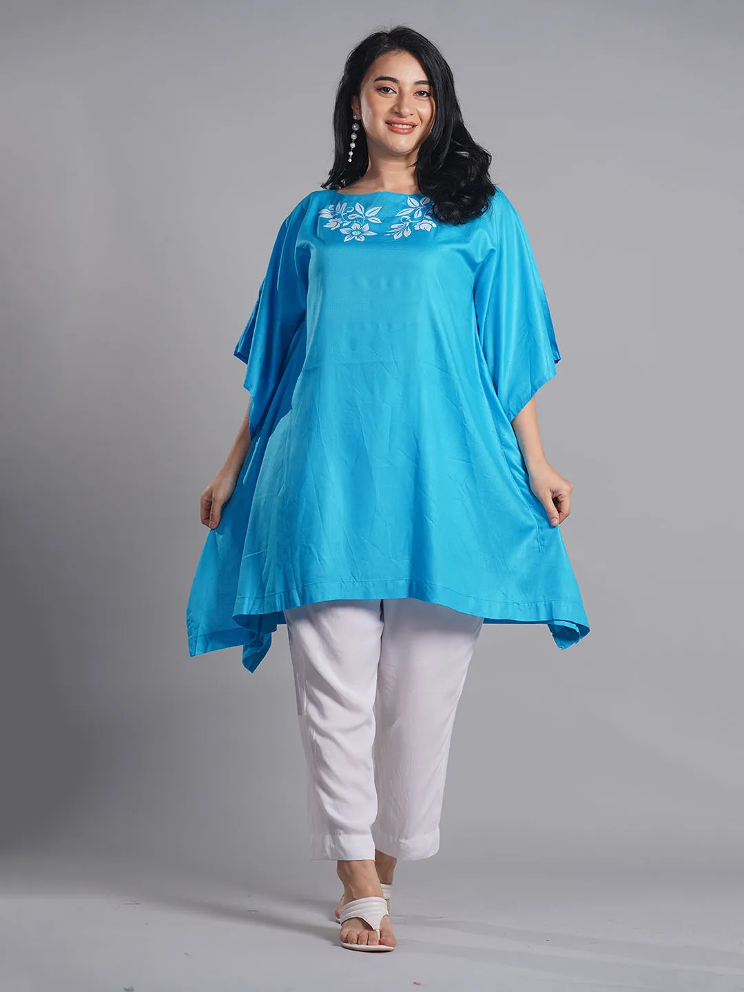 Turquoise Rayon Kaftan - White Petals