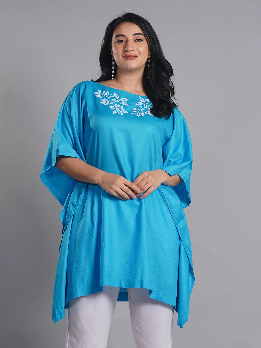 Turquoise Rayon Kaftan - White Petals