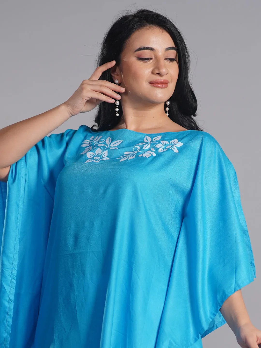 Turquoise Rayon Kaftan - White Petals